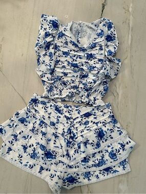 Women’s Blue Floral Ruffle Sleep Set - White & Blue